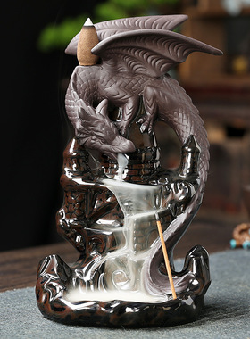 跨境 陶瓷檀香烟倒流香薰炉家居摆件 创意欧式翼龙瀑布回流香薰炉
