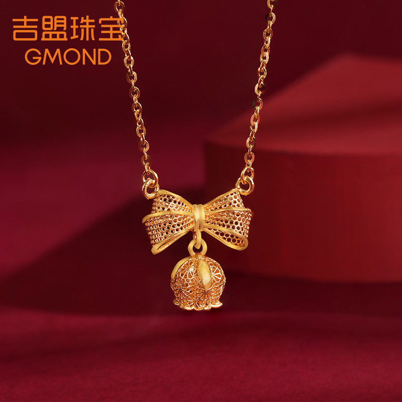 吉盟999足金黄金项链吊坠颈链新款花丝铃兰花蝴蝶结套链女款计价