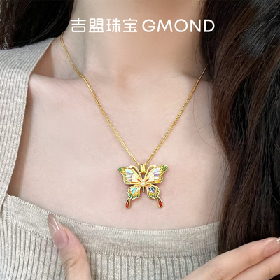 古法黄金吊坠足金螺钿彩赤凤蝶