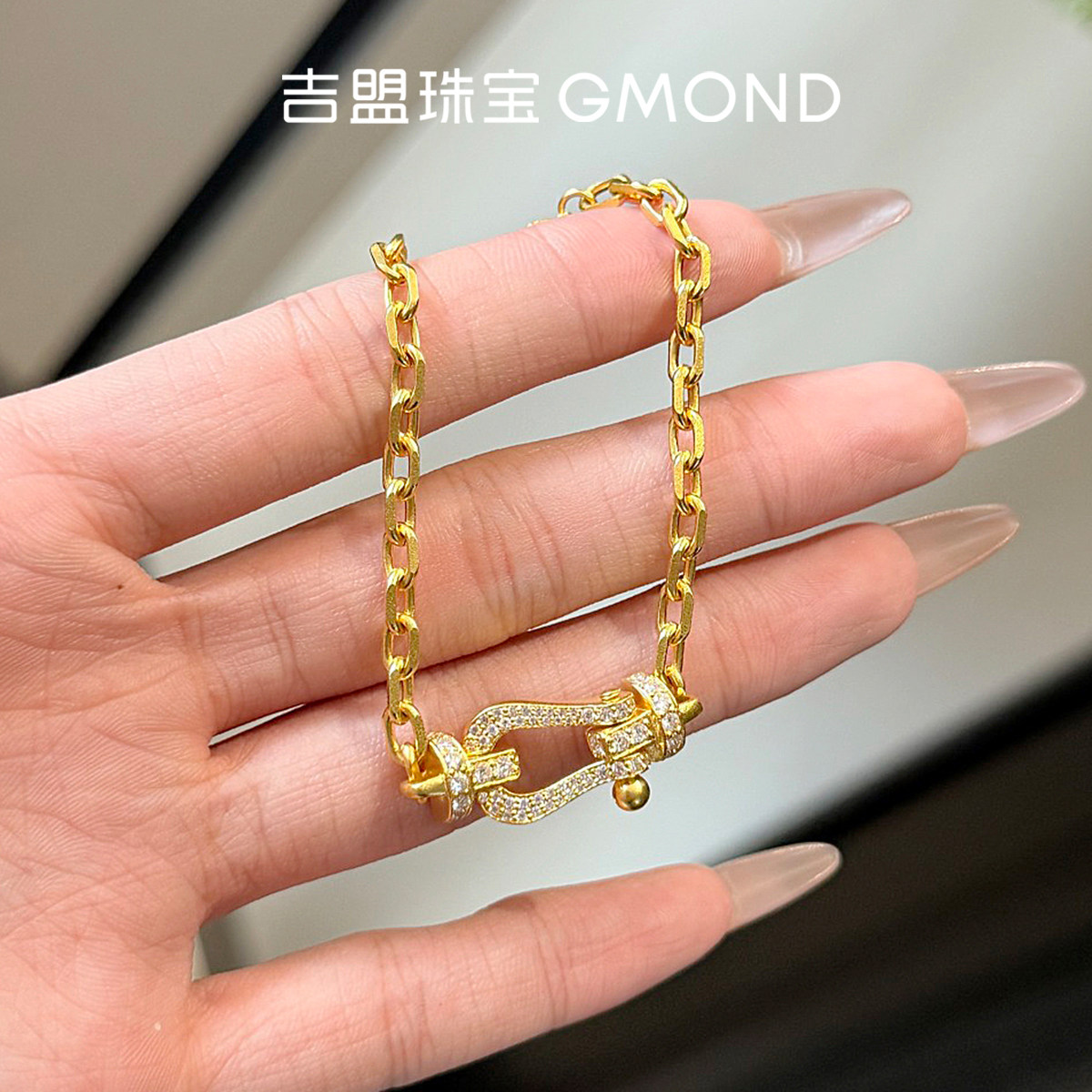 吉盟珠宝古法黄金手链女999足金点钻马蹄扣十字链时尚轻奢高级感