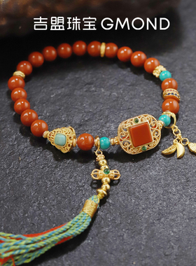 吉盟珠宝古法银南红玛瑙手串女手工编绳藏式文玩手链新中式国潮