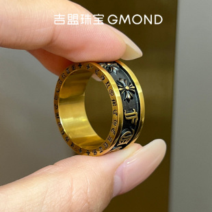 吉盟珠宝电黑六字真言古法黄金戒指男999足金克罗十字心实心固口