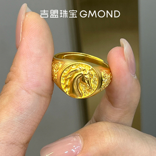 吉盟珠宝古法黄金戒指生肖马本命年999足金男戒圆形面实心活圈口