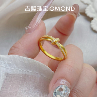 吉盟珠宝999足金戒指女古法黄金点钻指环结伴一生ins风时尚高级感