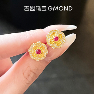 吉盟珠宝古法黄金耳钉女999足金点钻耳饰复古四宝相花新中式国潮
