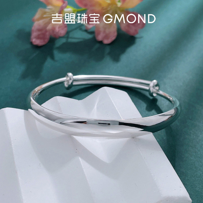 吉盟珠宝足银实心宽面推拉手镯经典光面素圈光圈送长辈送女友礼物