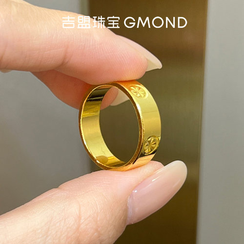 米字车花黄金戒指女戒亮面实心
