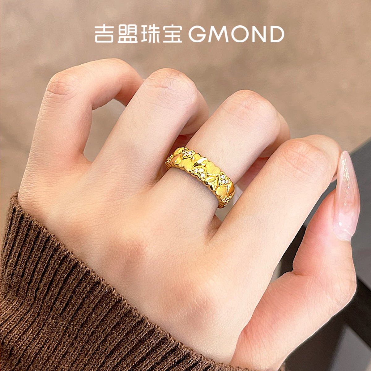 5D点钻黄金戒指足金999双层爱心