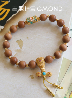 吉盟珠宝古法银檀香木佛珠手串女款珐琅彩转运珠手链新中式国潮