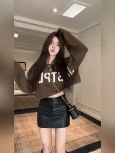 宽松提花字母短款 微胖MM慵懒风软糯咖色长袖 新款 秋季 毛衣女 针织衫