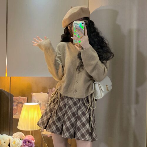 胖mm学院风针织开衫半身裙两件套