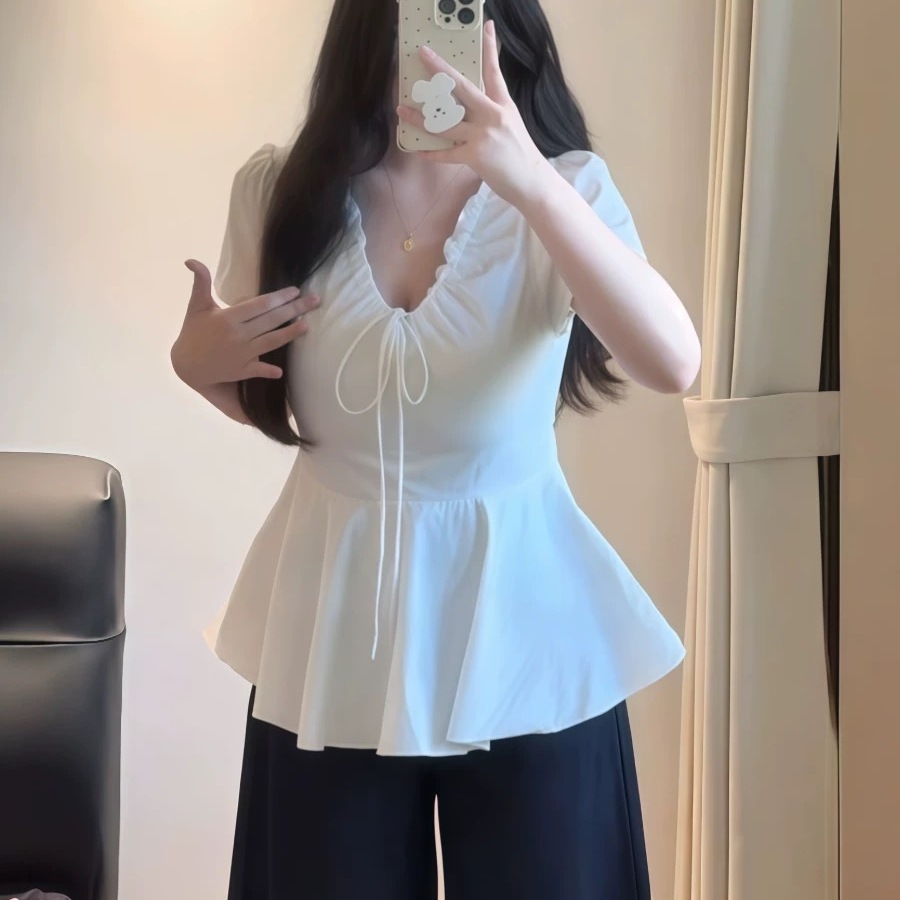 大码女装韩系V领抽绳短袖衬衫