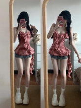 微胖MM法式别致红色上衣女夏季设计感小众绝美纯欲小吊带无袖小衫