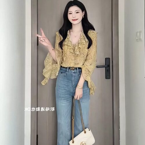 法式碎花荷叶边v领衬衫女2026年秋季新款巨好看漂亮百搭休闲上衣