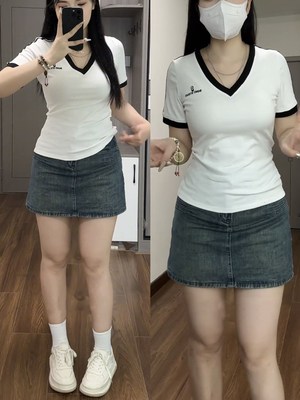 微胖MM纯欲辣妹V领正肩短袖T恤