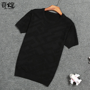 冬季新款男士短袖毛衣韩版修身新年款福字圆领针织衫毛线衣半袖T