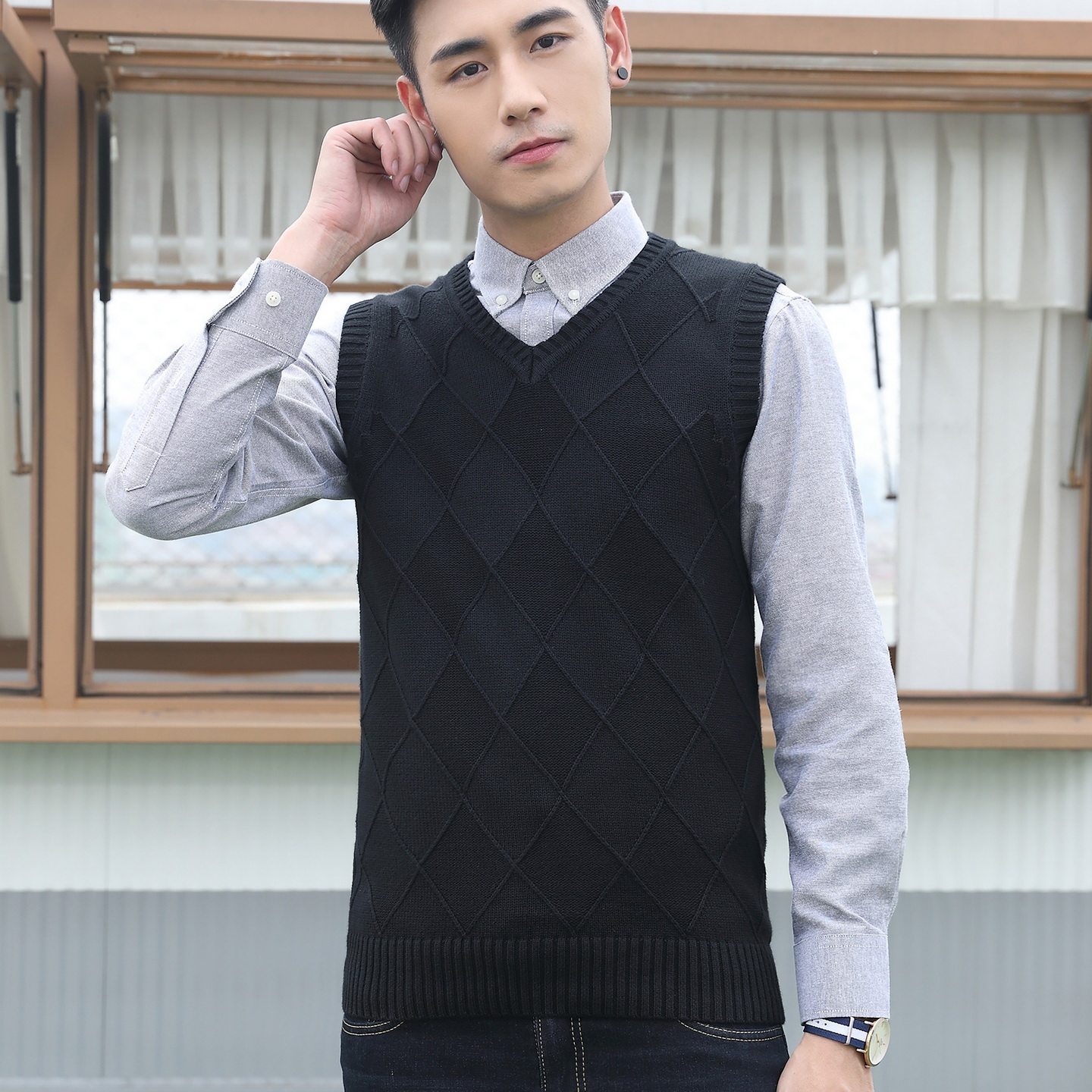 秋季V领针织衫毛背心马甲纯色菱形提花男士线衣修身坎肩无袖毛衣