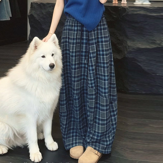 复古蓝格子慵懒风女阔腿休闲裤