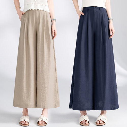 夏季高腰亚麻阔腿九分显瘦女裤