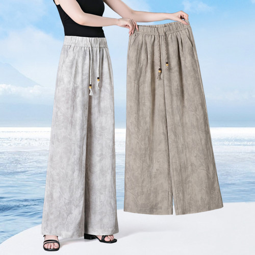 棉麻女松紧腰抽绳阔腿显瘦长裤