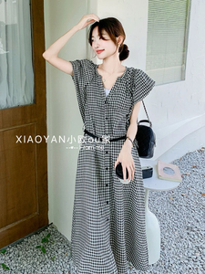2025夏季新款法式复古风黑白格子连衣裙女