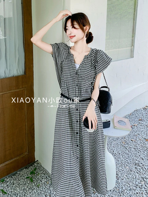 2025夏季新款法式复古风黑白格子连衣裙女