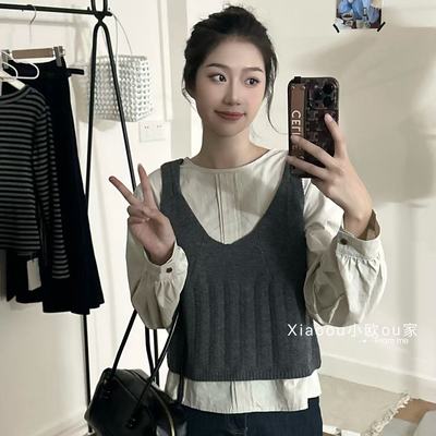 OU韩系两件套针织吊带背心+长袖衬衫女秋季新款宽松百搭叠穿上衣