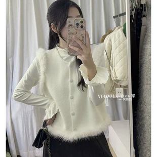 韩系温柔新款毛毛针织上衣气质秋冬新款百搭拼接毛衣马甲外套上衣