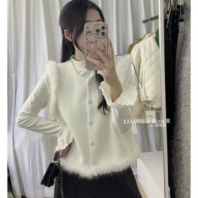 韩系温柔新款毛毛针织上衣气质秋冬新款百搭拼接毛衣马甲外套上衣