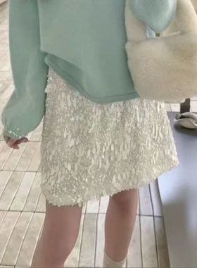 轻奢重工高定秋冬新款质感亮片半身裙女短裙A字裙防走光时尚半裙