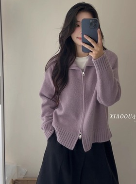 2025冬季新东大门清新韩系气质毛衣翻领拉链针织开衫女