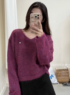 秋冬新款韩版宽松慵懒风V领套头毛衣女百搭针织漂亮上衣