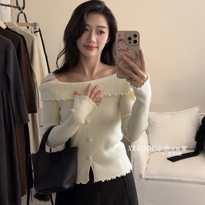 韩系秋冬新款一字肩长袖针织修身显瘦气质耳边上衣