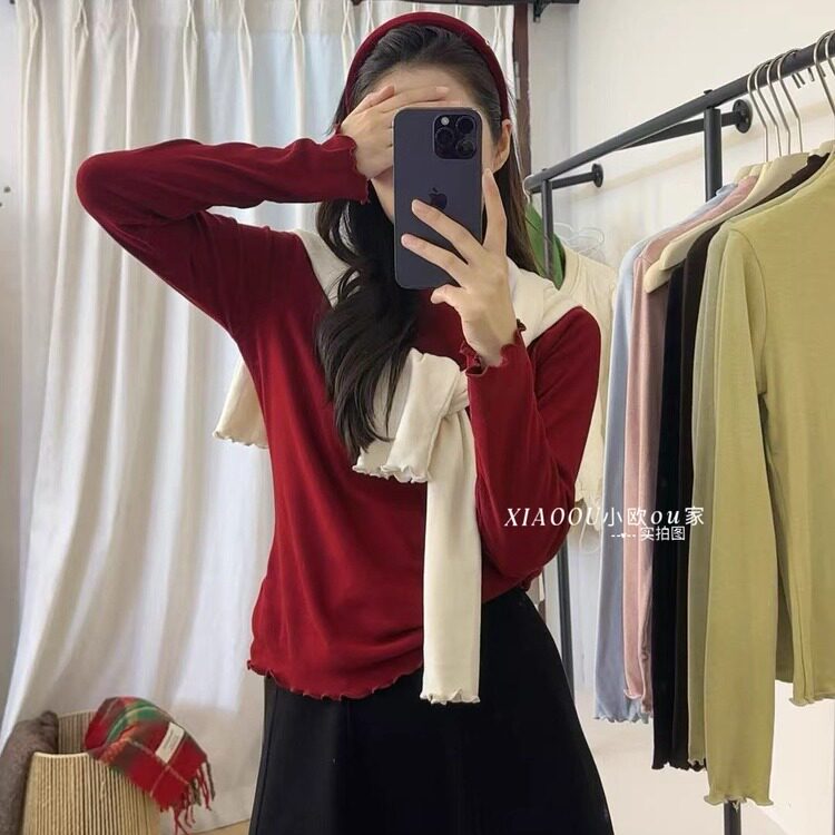 韩系蛋白绒波浪边设计款秋冬绒衫保暖百搭气质外穿小众上衣