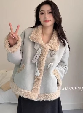 复古文艺风2025年新款环保麂皮绒皮毛一体外套女冬保暖时尚外套