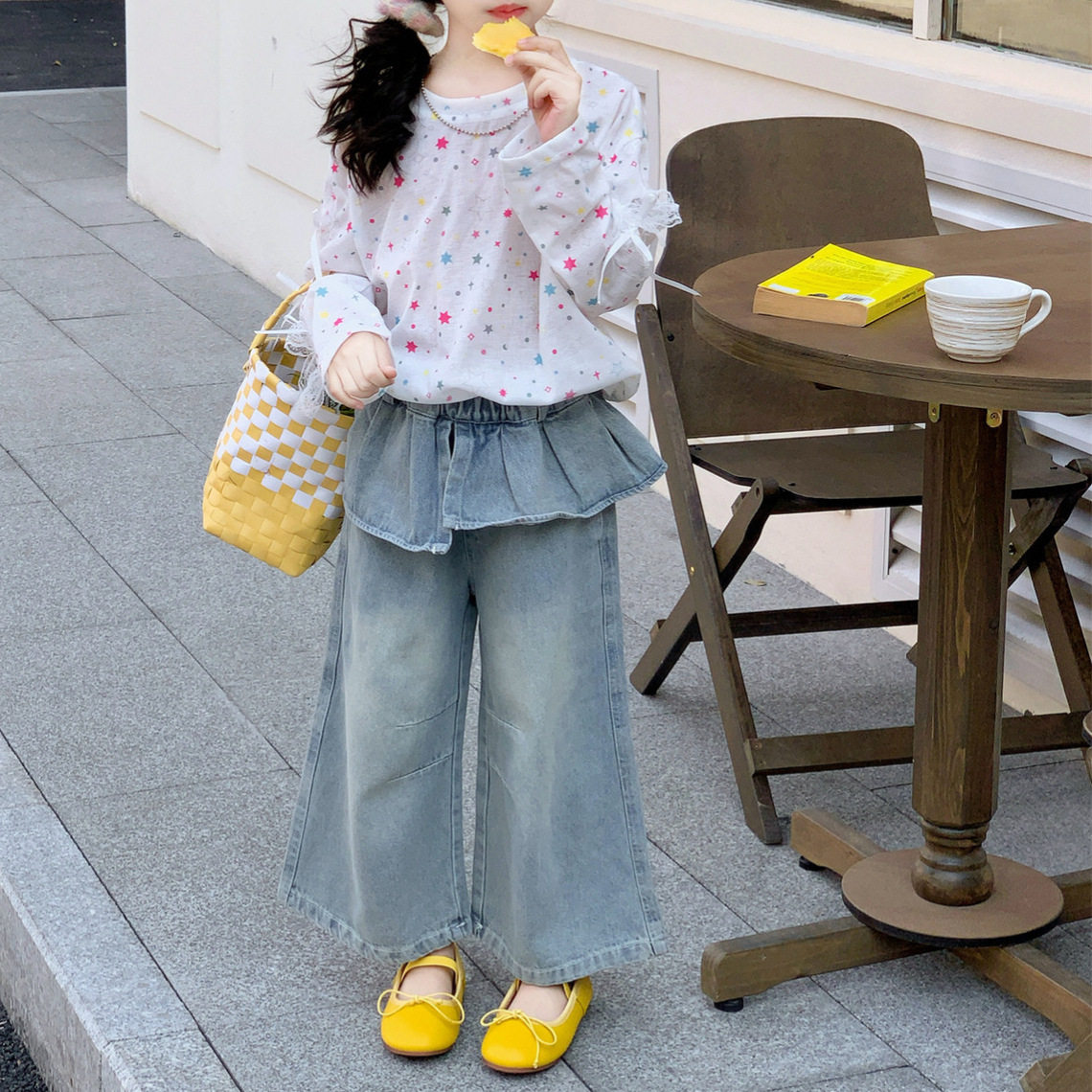 4春装5女童6百搭假两件裙摆牛仔裤7儿童装8小女孩3岁屁帘阔腿长裤