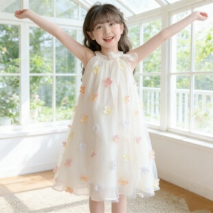 5夏装4女童6网纱绣花公主连衣裙7儿童装8小女孩3岁无袖挂脖吊带裙