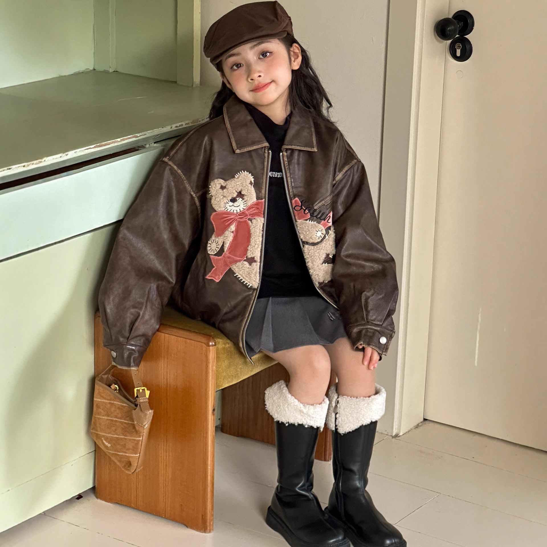 小红鱼女童皮衣外套2025秋冬亲子卡通PU皮衣冬季儿童夹棉保暖上衣