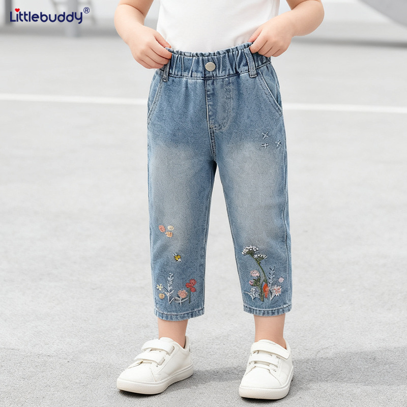 跨境欧美风女童牛仔裤秋冬新款欧美中小童松紧腰裤子洋气儿童装