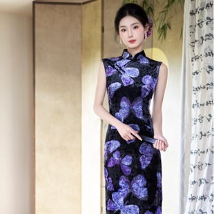 改良无袖 新款 旗袍裙7506 2025秋季 高级感民国风气质复古丝绒旗袍