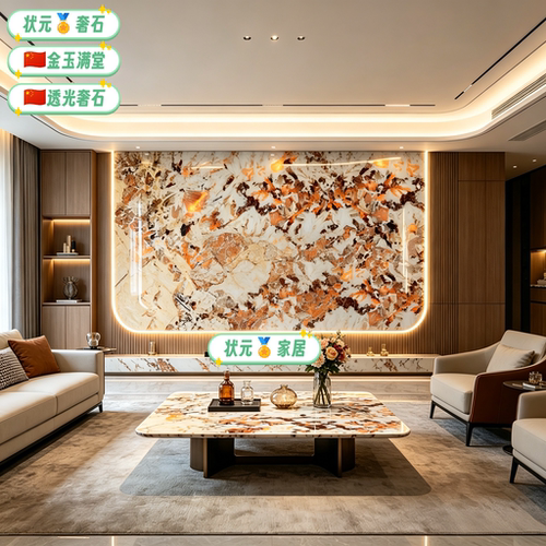 高级透光奢石别墅客厅玄关背景墙