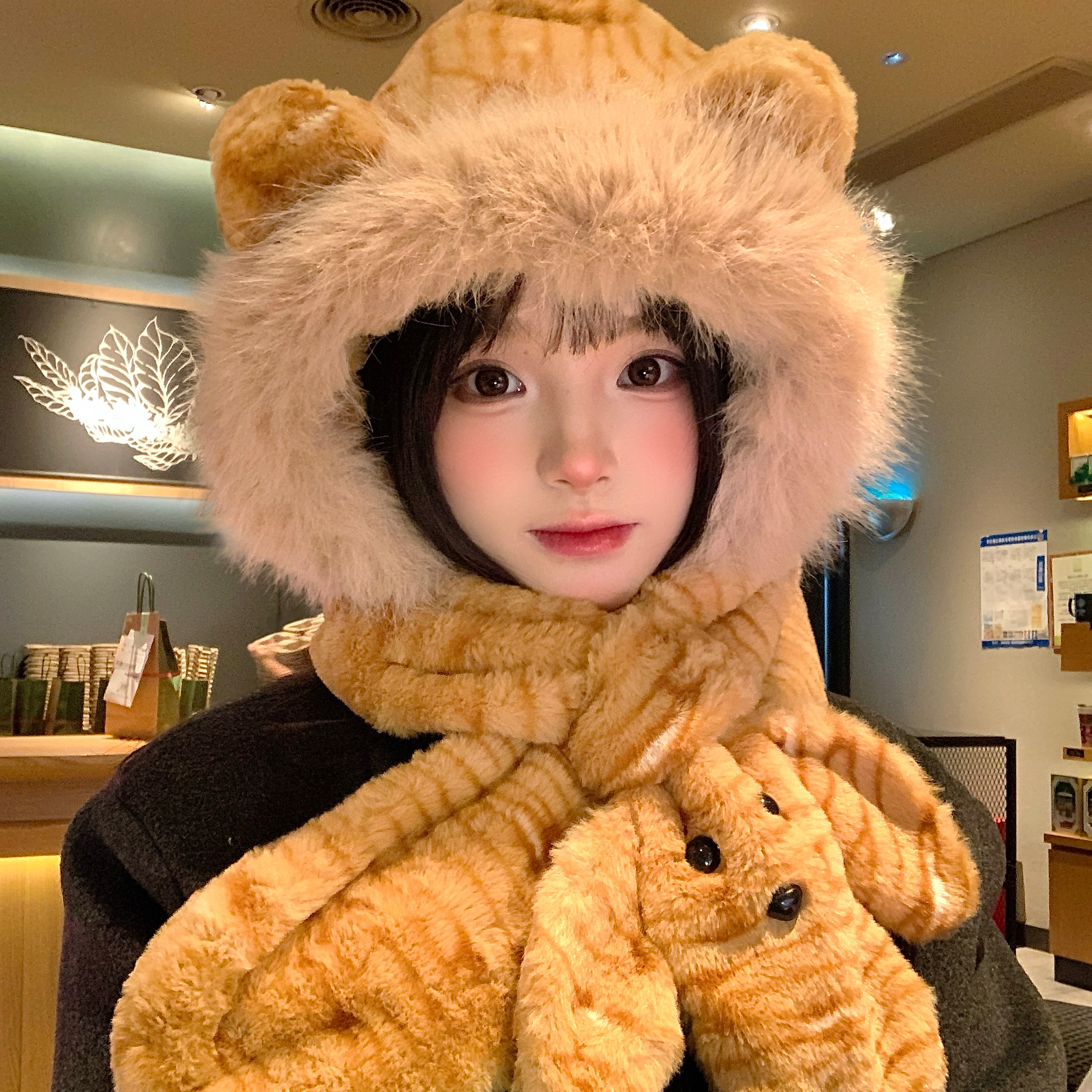 可爱虎纹小熊毛绒帽子女冬季帽子围巾一体护颈防寒保暖卡通围脖