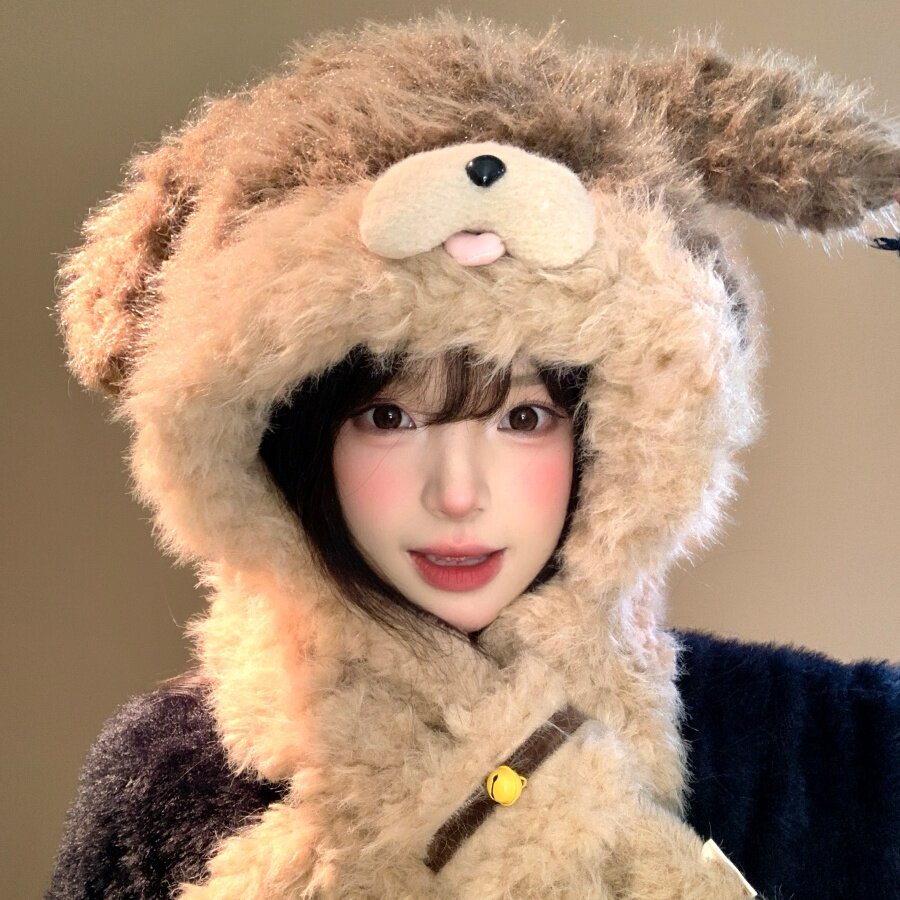 日系吐舌铃铛小狗耳朵毛绒帽子围巾一体女冬季保暖防寒护耳雷锋帽
