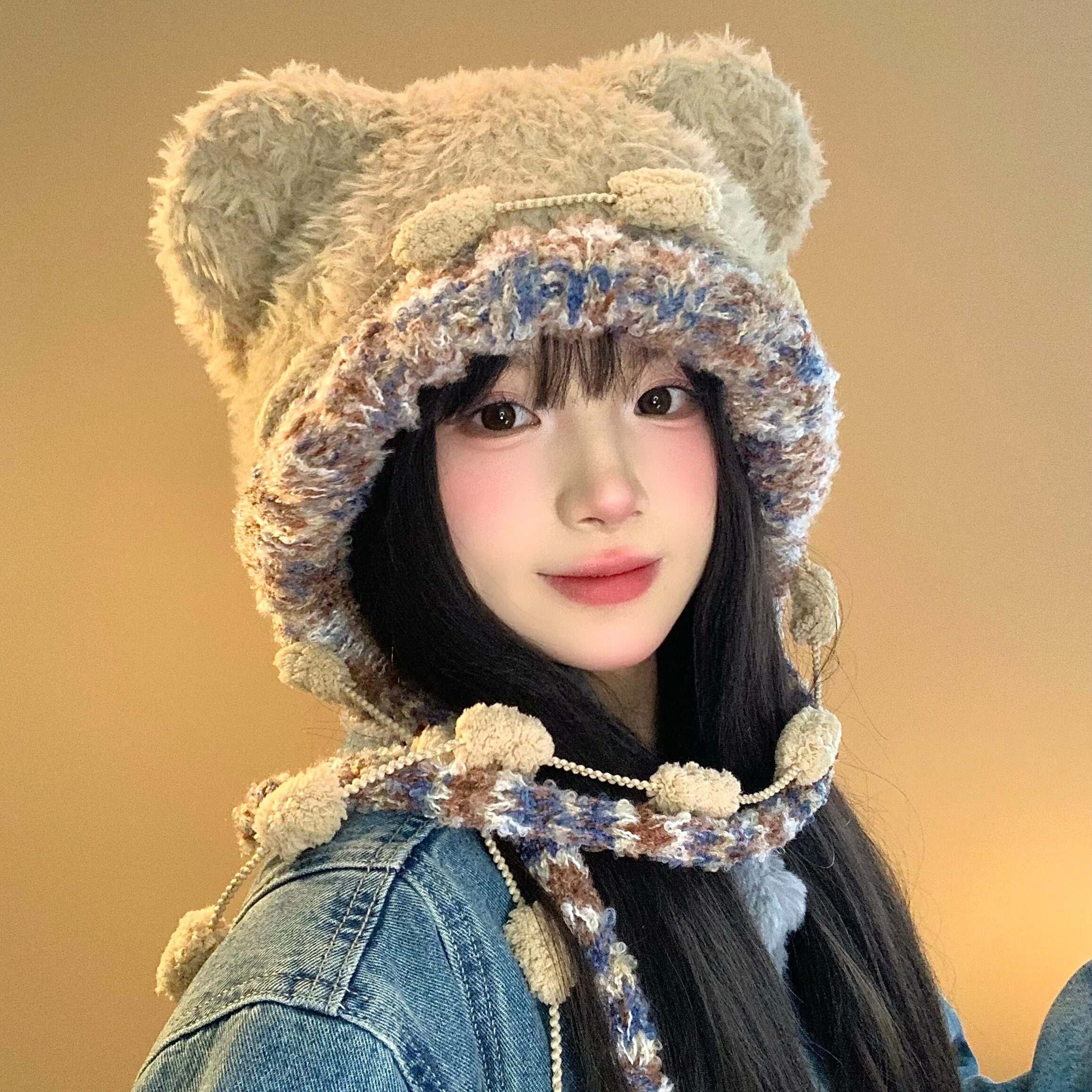 彩色绑带小熊耳朵可爱毛绒针织帽