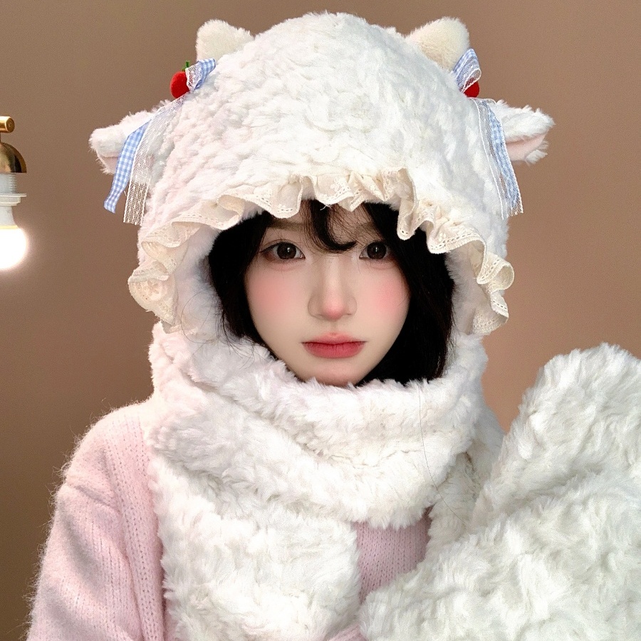 可爱蝴蝶结小羊毛绒帽子帽围一体