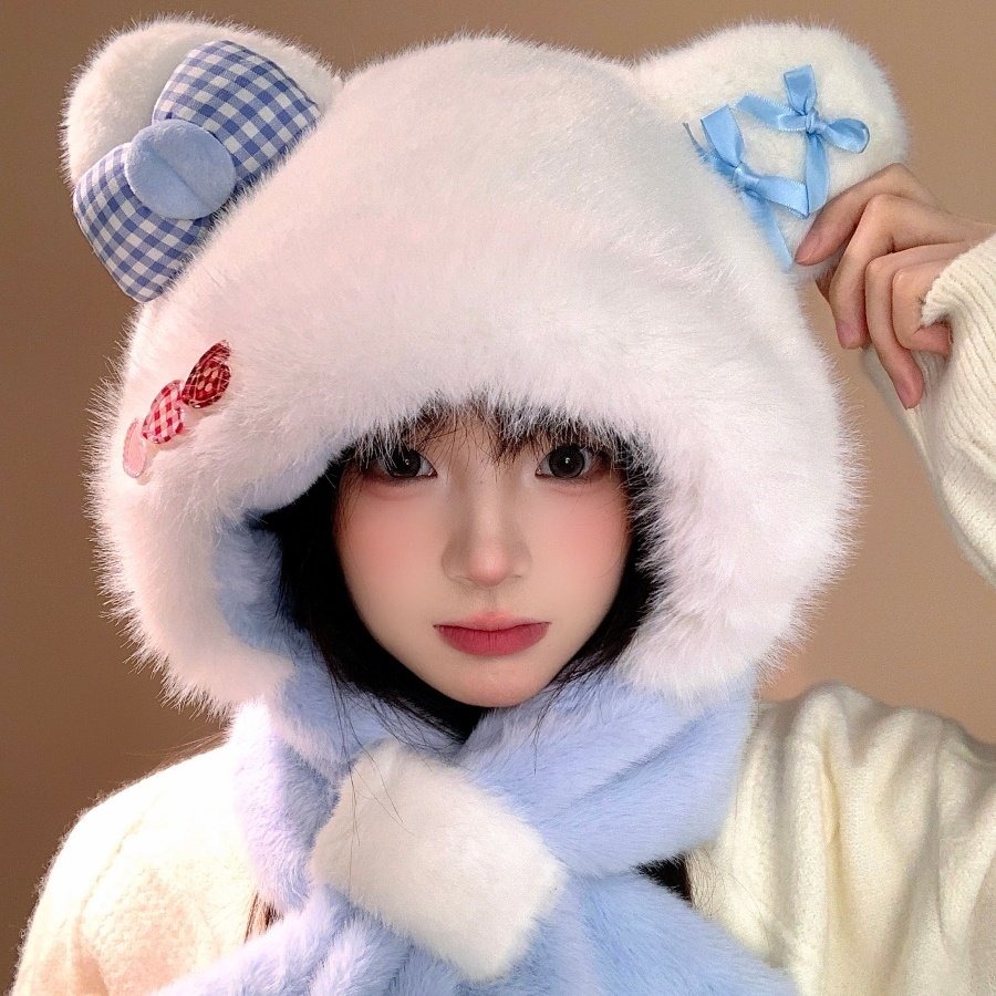 蓝色蝴蝶结猫咪耳朵毛绒帽子围巾一体女冬骑车防寒保暖护耳二件套,服饰配件/皮带/帽子/围巾,帽子,淘宝优惠券,粉丝福利购,淘宝优惠卷