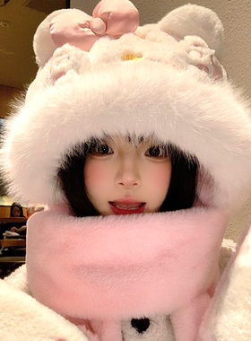 粉色小猫爪蝴蝶结毛绒帽子三件套