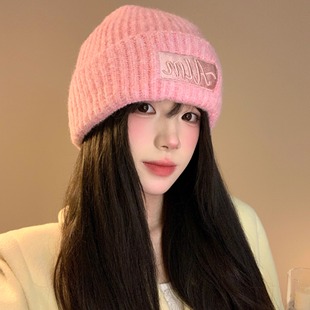大头围粉色针织毛线帽女2025年秋冬季显脸小百搭帽子保暖护耳冷帽