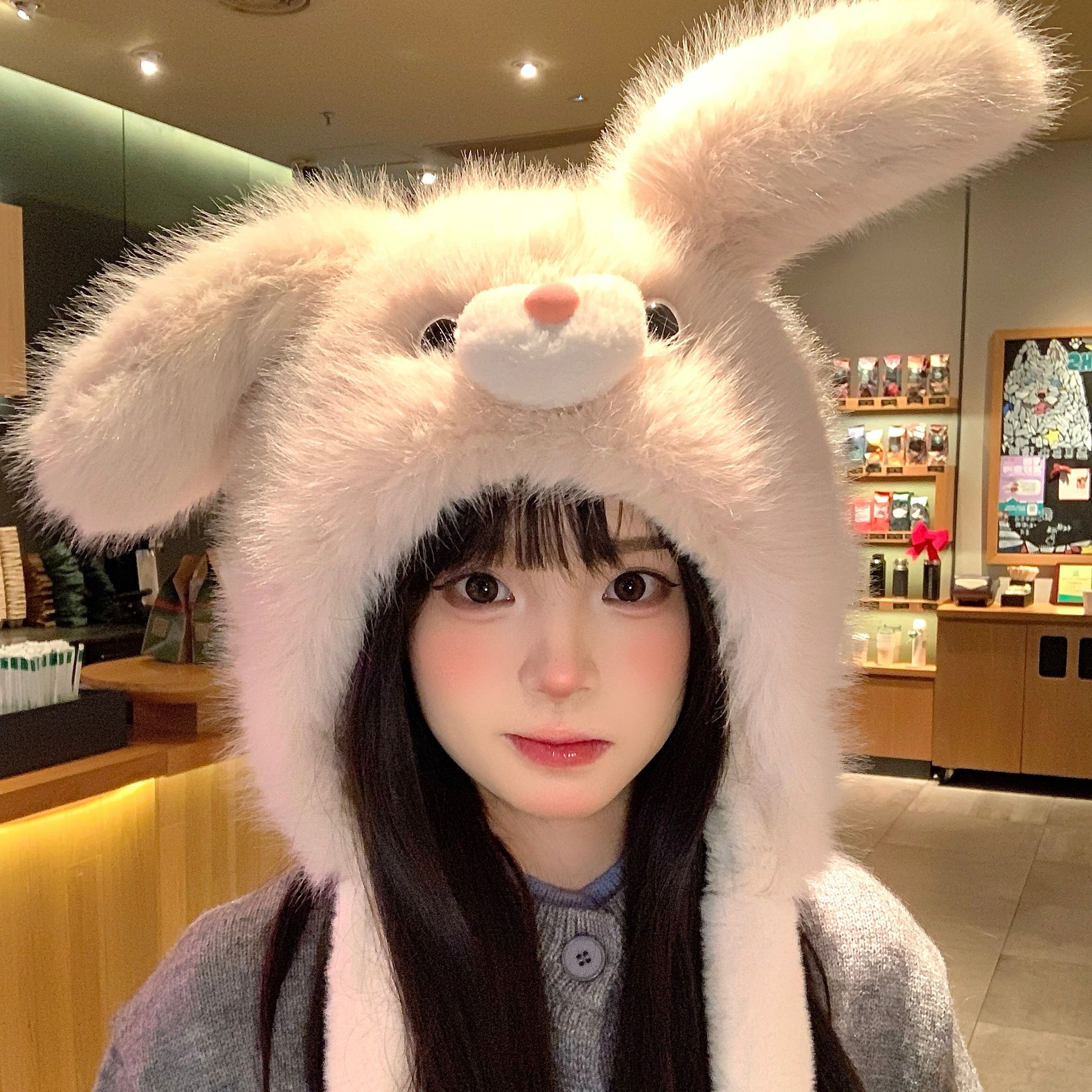 会动兔耳朵~可爱毛绒兔耳帽女冬季加绒加厚保暖防寒护耳雷锋帽子