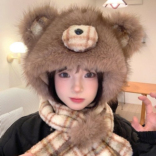 棕色格子小熊毛绒帽子二件套秋冬